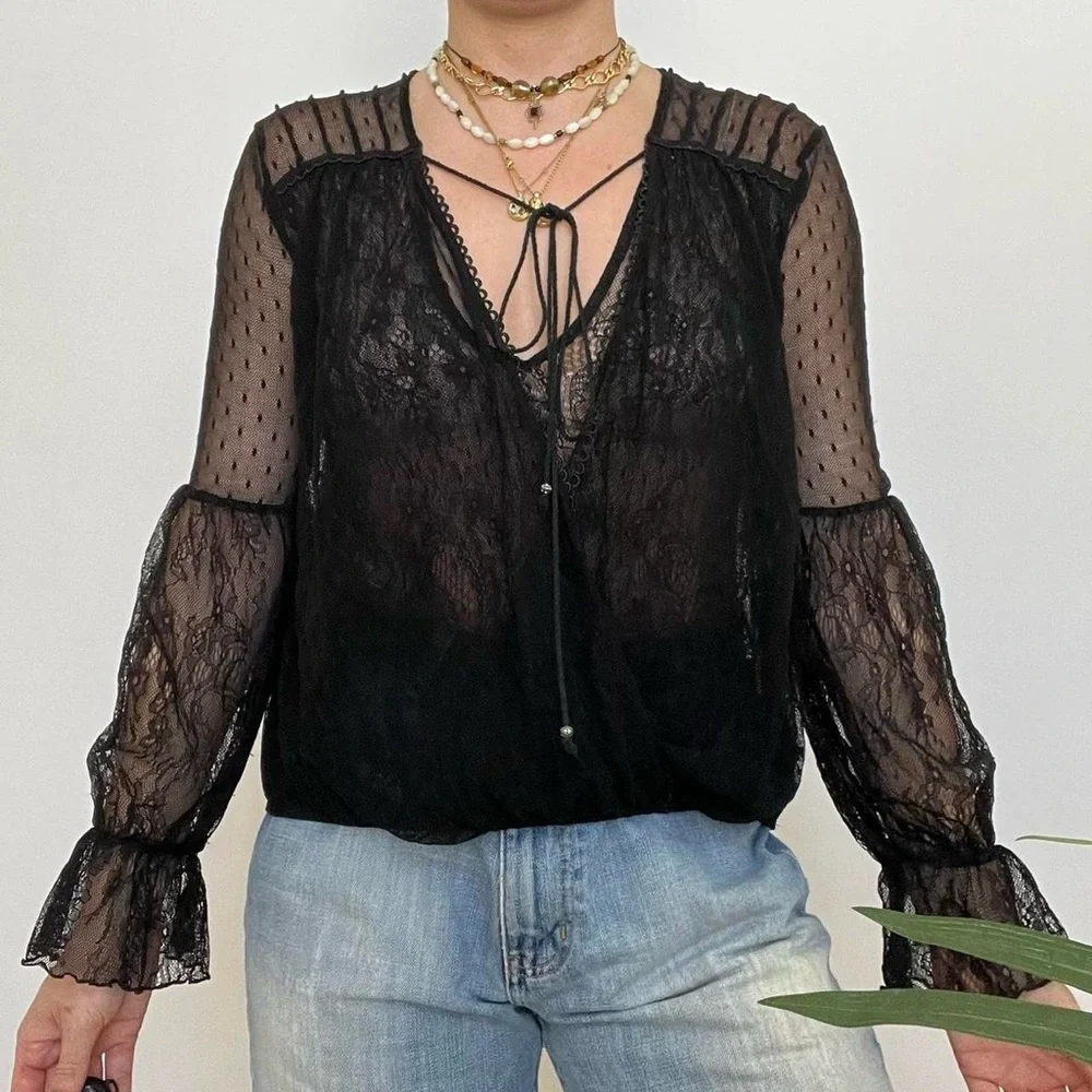 Free People Long sleeve semi sheer black lace blouse w ruffles at wrist - Picture 4 of 9